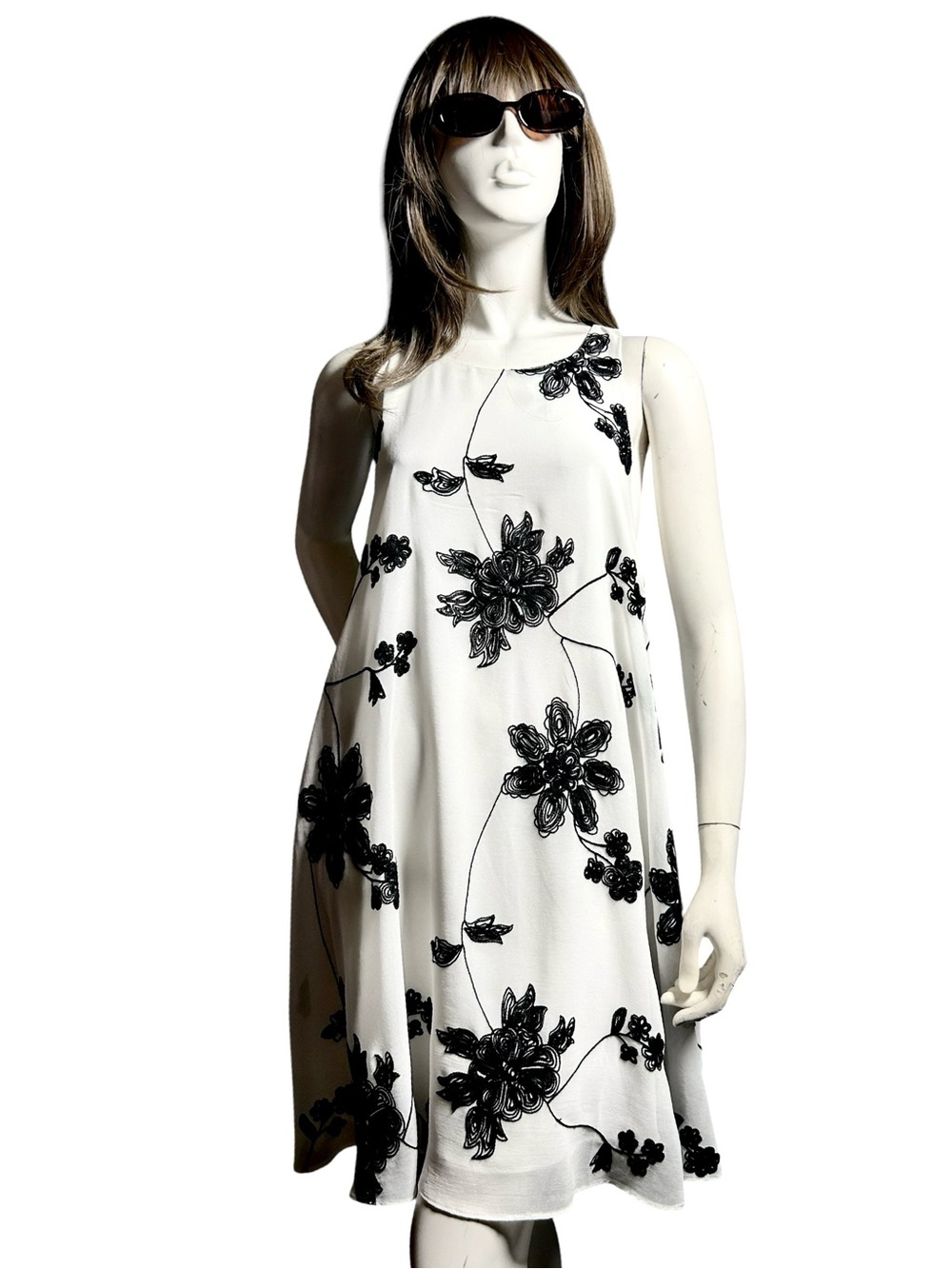 Floral Black & White Embroidered Flowy Dress Size L Whimsy Coquette